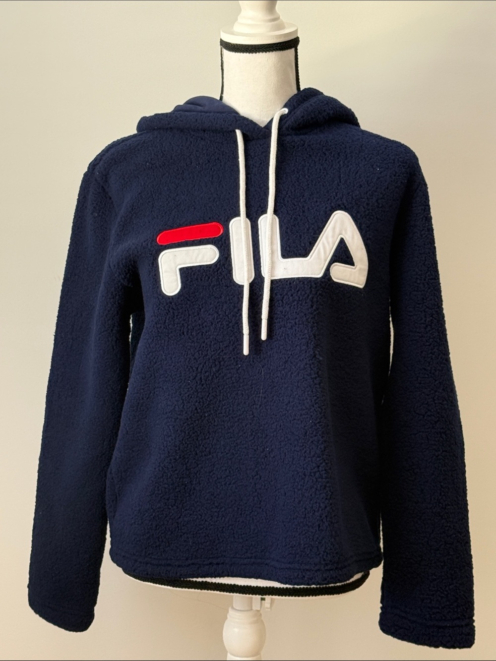 Fila Women’s Navy Sherpa Fleece Hoodie with White and Red Logo